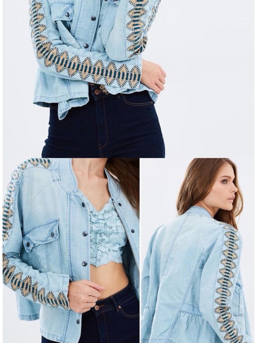 Free People Light Wash Embroidered Sleeve Denim Jacket - Women - Large - Picture 2 of 9